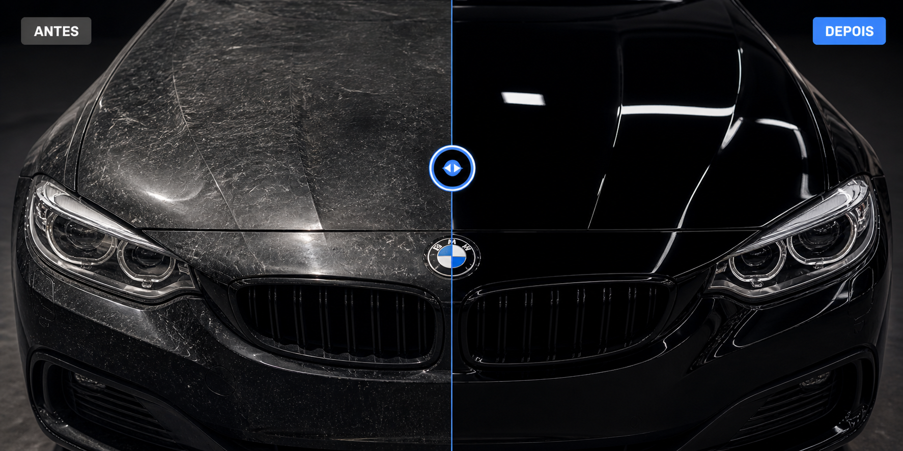 Comparação antes e depois de detalhamento automotivo
